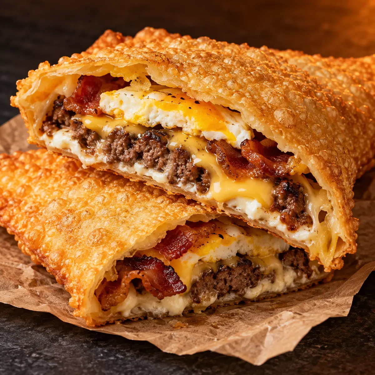 Pastel recheado com hambúrguer, bacon, ovo e queijo