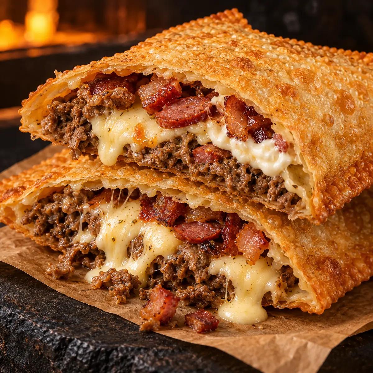 Pastel especial recheado com carne, queijo, bacon e calabresa