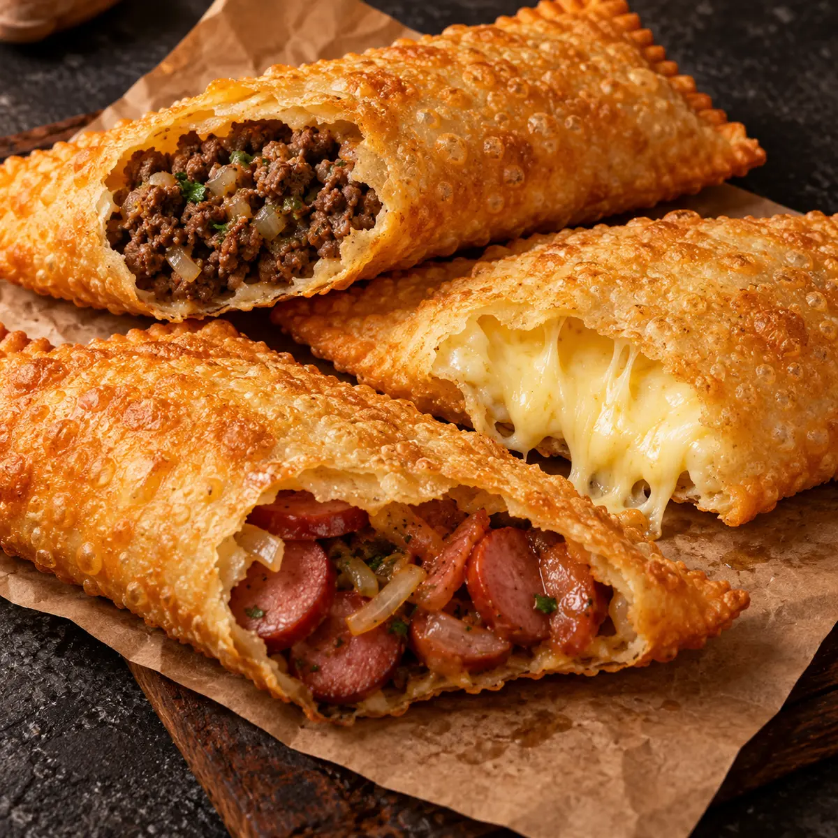Pastéis tradicionais de carne, queijo e calabresa