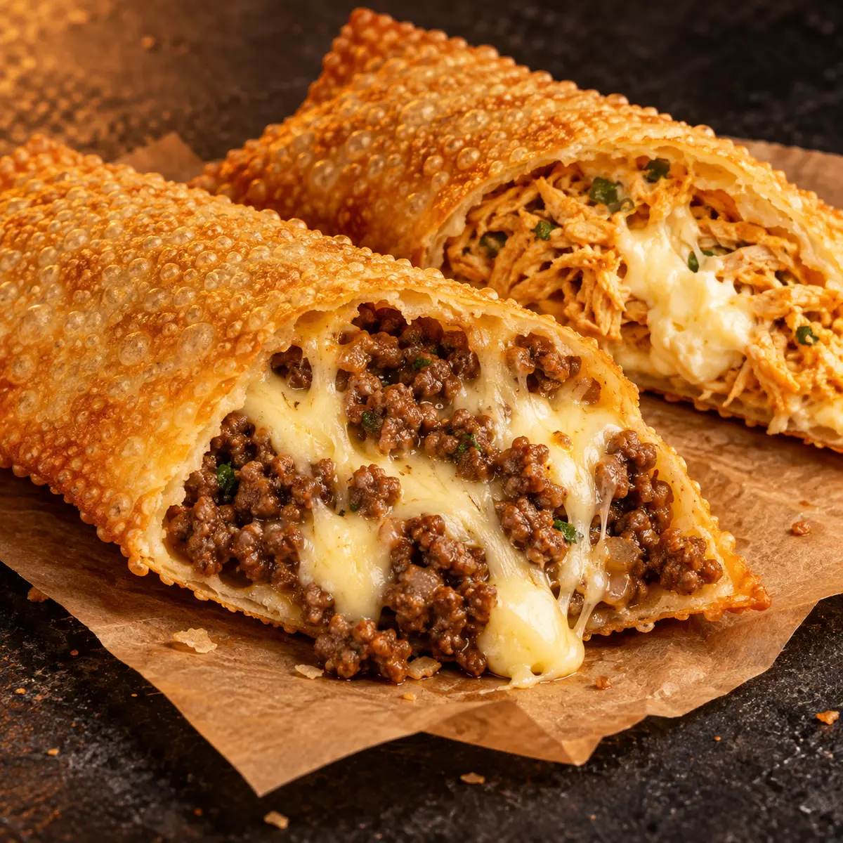 Pastel recheado de carne com queijo e pastel de frango